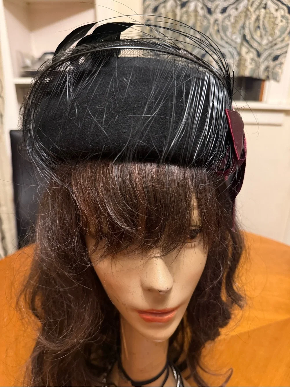 VINTAGE Miss Bierner Michael Howard Black Wool Hat Feather Rhinestone